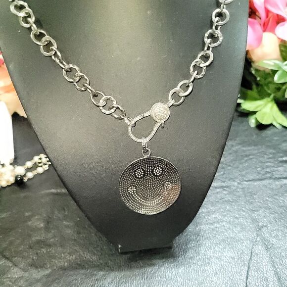 Black Diamond Smiley Face Necklace - Picture 9 of 17